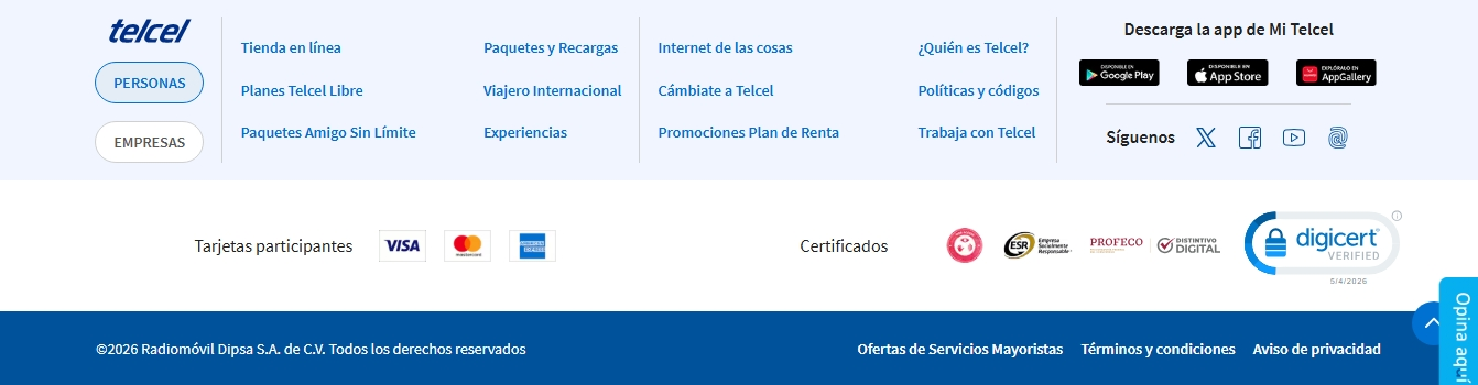 Footer Telcel - Recargas en línea